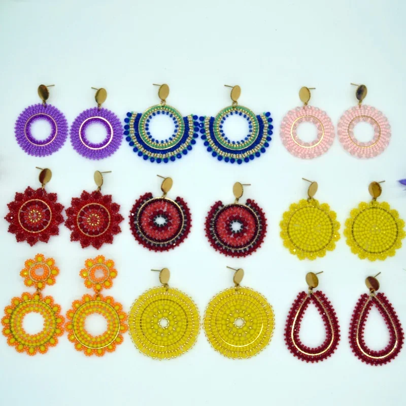 ZGMXR Rice bead earrings Roundness Retro Hollow out Tide Simple Crystal Hand knitting Bohemia Alloy Geometry Beaded earrings