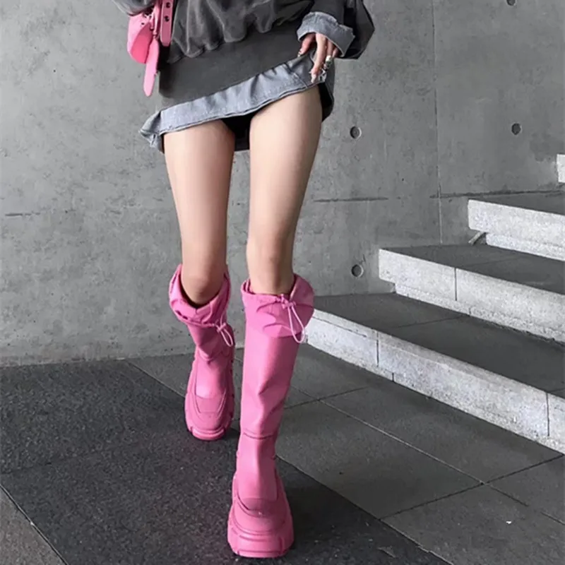 Platform Rain Boots Knee High Boots Round Toe Elastic Band Sleeve Slip-on Pink Black  designer Women\'s Spring Shoes