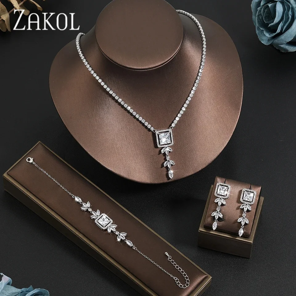 ZAKOL Brand Vintage White Blue Crystal Burst Zircon Jewelry Sets for Women Luxury Wedding Pendant Necklace Earrings SP3456