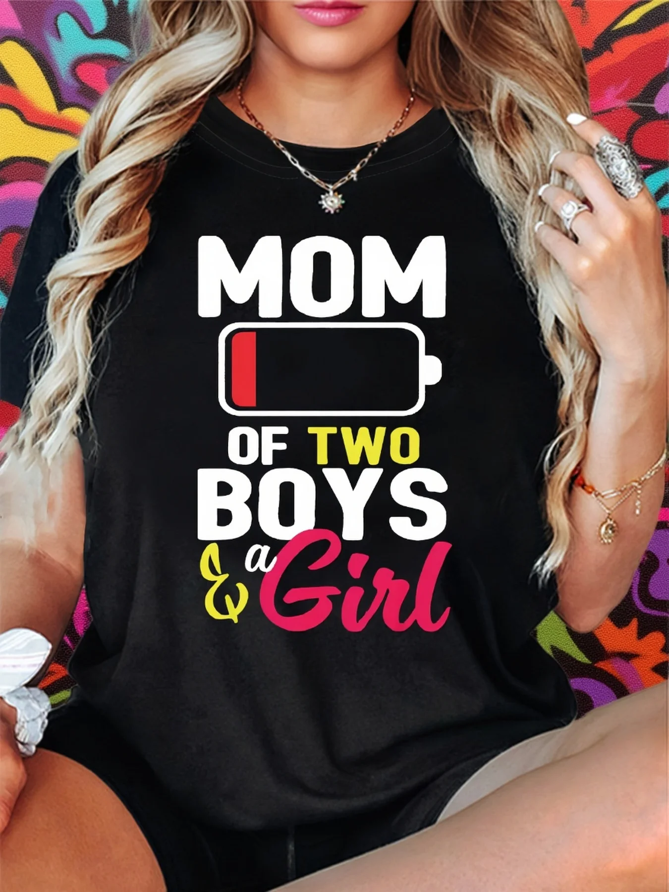Funny Mom Life Battery Graphic TShirt for Women Mom of Two Boys and A Girl Print Short Sleeve Casual Top Streetwear Daily Outfit