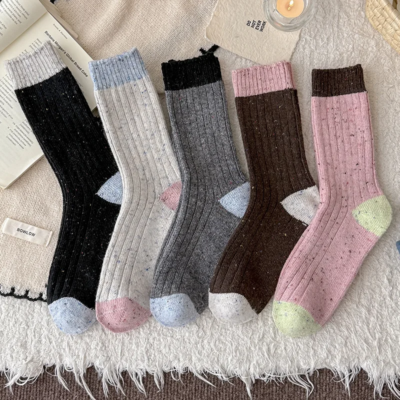 

1/5 pair of wool women's autumn winter warm and thick casual socks retro simple comfortable versatile mid tube socks