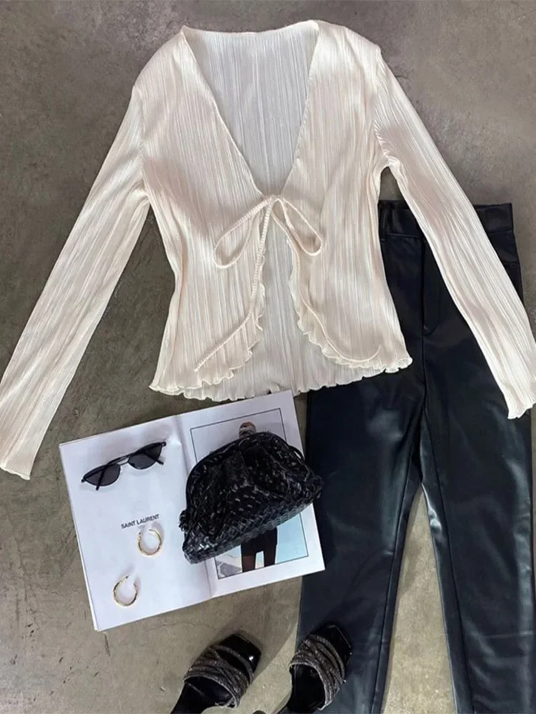 2025 Women Pleated Plain Shirts Spring Fall Chic Long Flare Sleeve V- Neck Tie Up Cardigans Tops for Casual Party Street