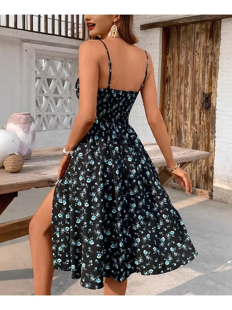 2026 Frühjahr/Sommer Neue Kollektion, Damen Schlitz-Rückenfreies Schulterriemen-Kleid in Blau mit Blumenmuster und A-Linie – Detail 3