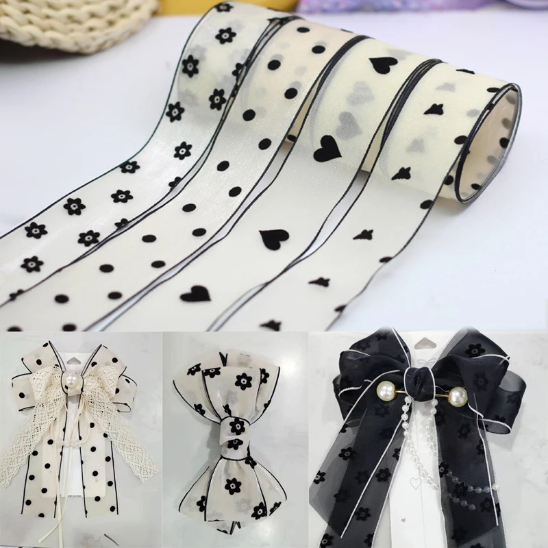 38mm 10Yards Black Dots Yarn Ribbon Retro Elegant Style Ribbon for Bows Bouquets Gift Wrapping Sewing DIY Accessories