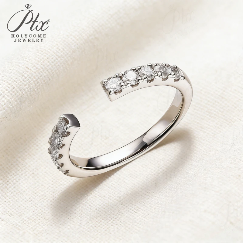 Anel Aberto com Diamante Cultivado em Laboratório, Corte Redondo, Ouro 10K 14K 18K, Meia Aliança Personalizada para Mulheres, Empilhável, Uso Diário, Joias Holycome