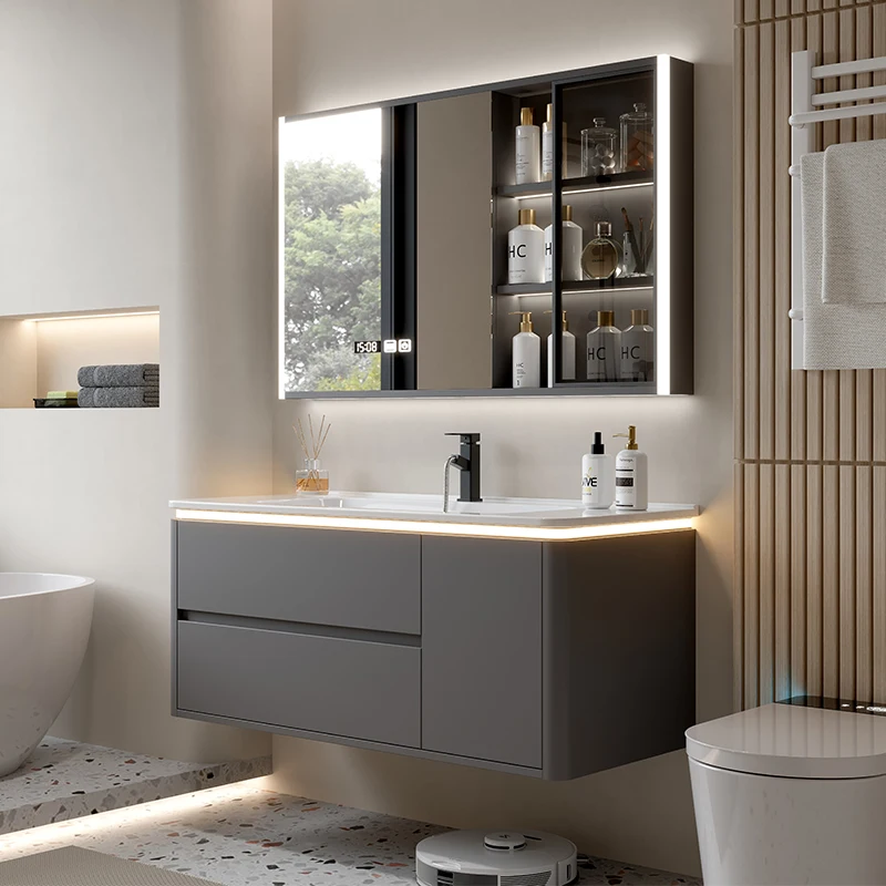 

Solid Wood Rounded Corner Bathroom Cabinet Combination Ceramic Integrated Basin Toilet Hand Washbasin Cabinet Washbasin Pool