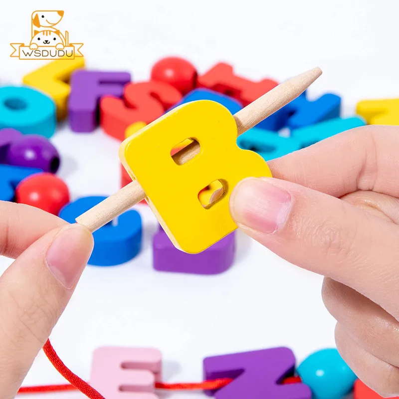 Lacing Beads Puzzle Toy Learning Russian Arabic English Alphabet Wooden Threading String Game Spelling Letter Blocks Child Gifts