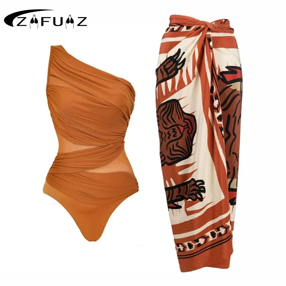 ZAFUAZ High Quality One Piece Swimsuit Brown Mesh Printed Push Up Women Bikini Set Swimwear Slimming Bathing Suit Beach Wear