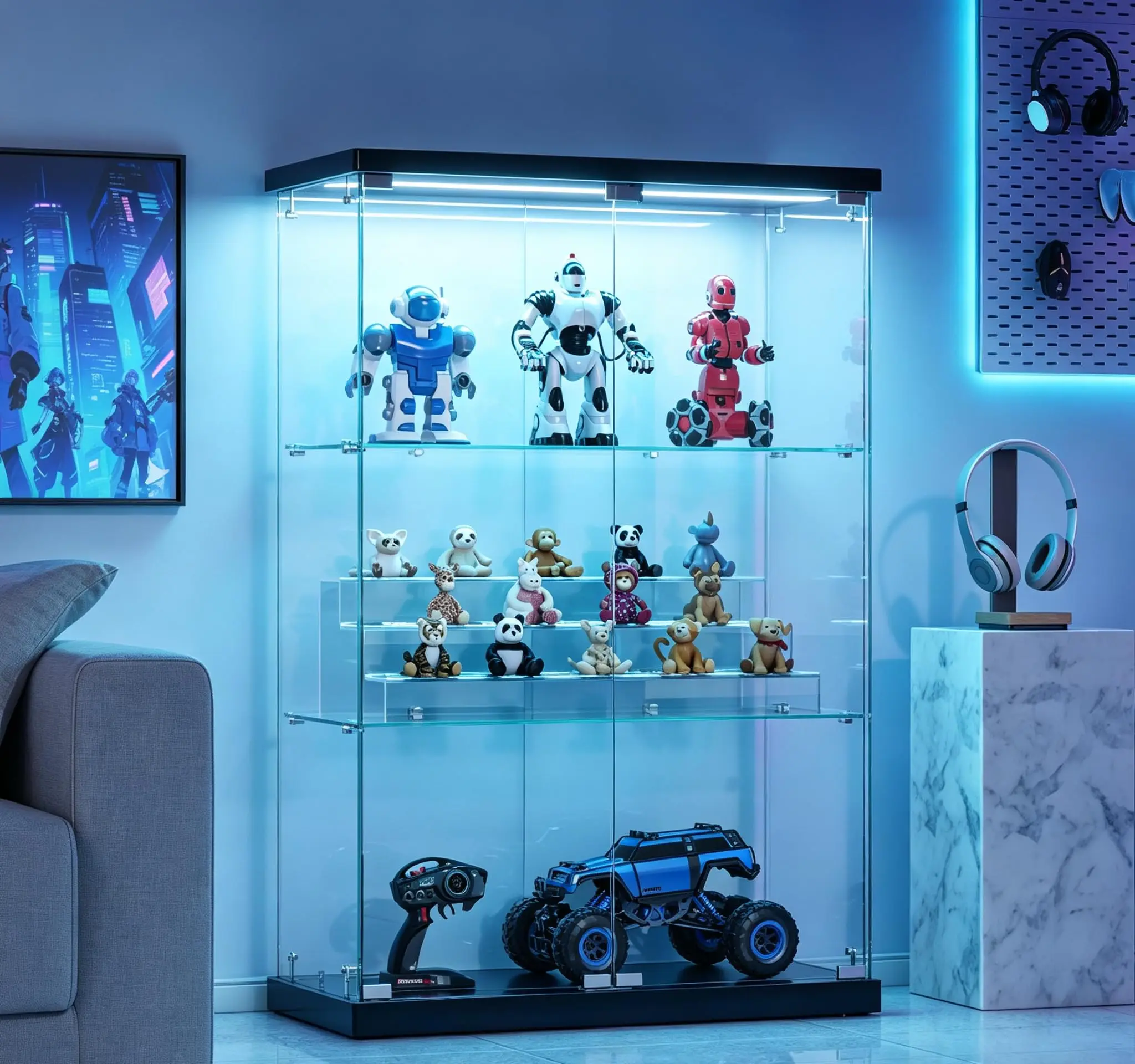Glass Display Cabinet with 3 Shelves, Double Doors and Lock, Floor Standing Curio Cabinets with LED Light, Upgraded