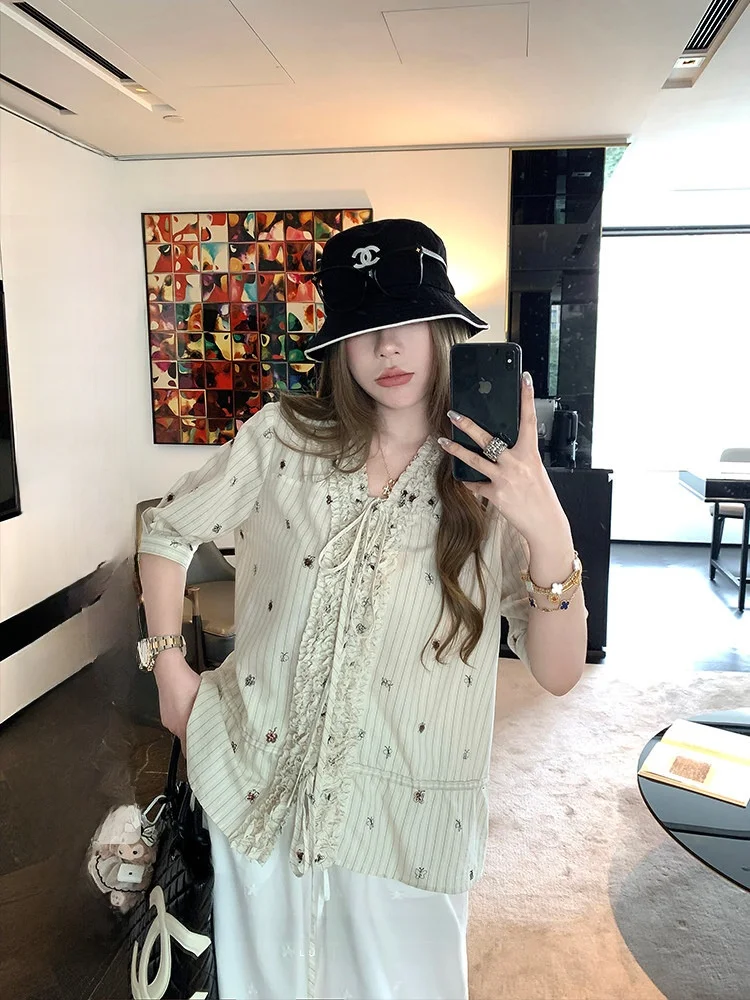 

Luu TiaoZhi Er Women's V-neck Striped Embroidery Drawstring Shirt Loose Fit Spring Autumn Casual Top Korean Style
