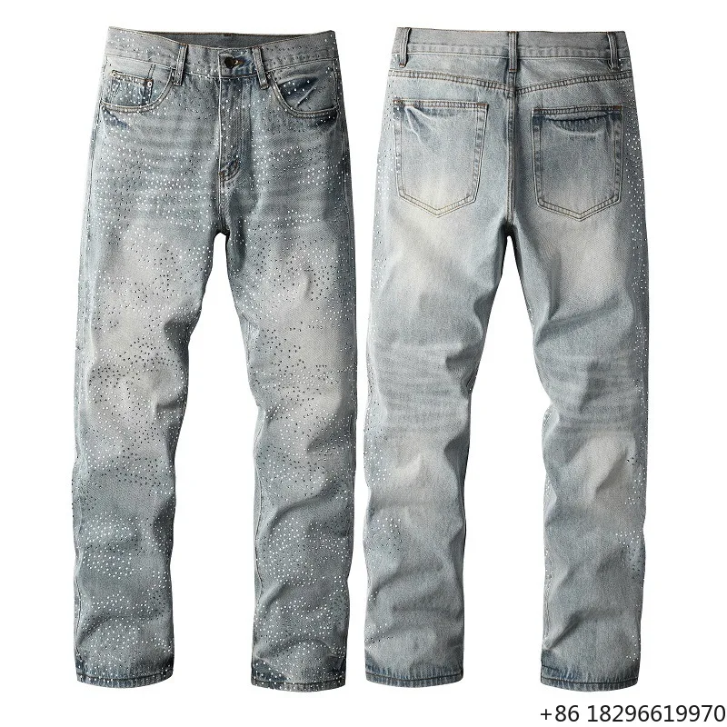 Style Blue Washed Trousers Men Retro Washed Elastic Denim Jeans Loose Fit Wavy Rhinestone Decor Streetwear Denim Pants