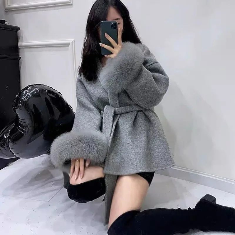 Autumn Beige Furry Sleeve Belted Wool Coat Women's Lightweight Premium Overcoat