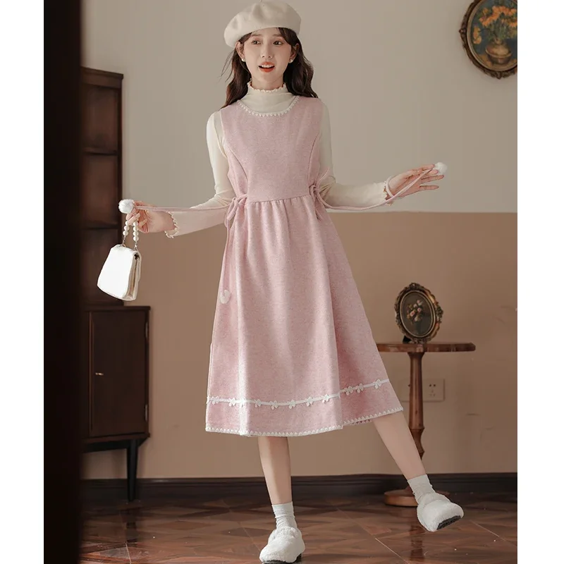 

Осенние наряды для женщин, милый комплект из 2 предметов в японском стиле, абрикосовый свитер + розовый шерстяной костюм без рукавов в стиле ретро, корейский свободный повседневный костюм