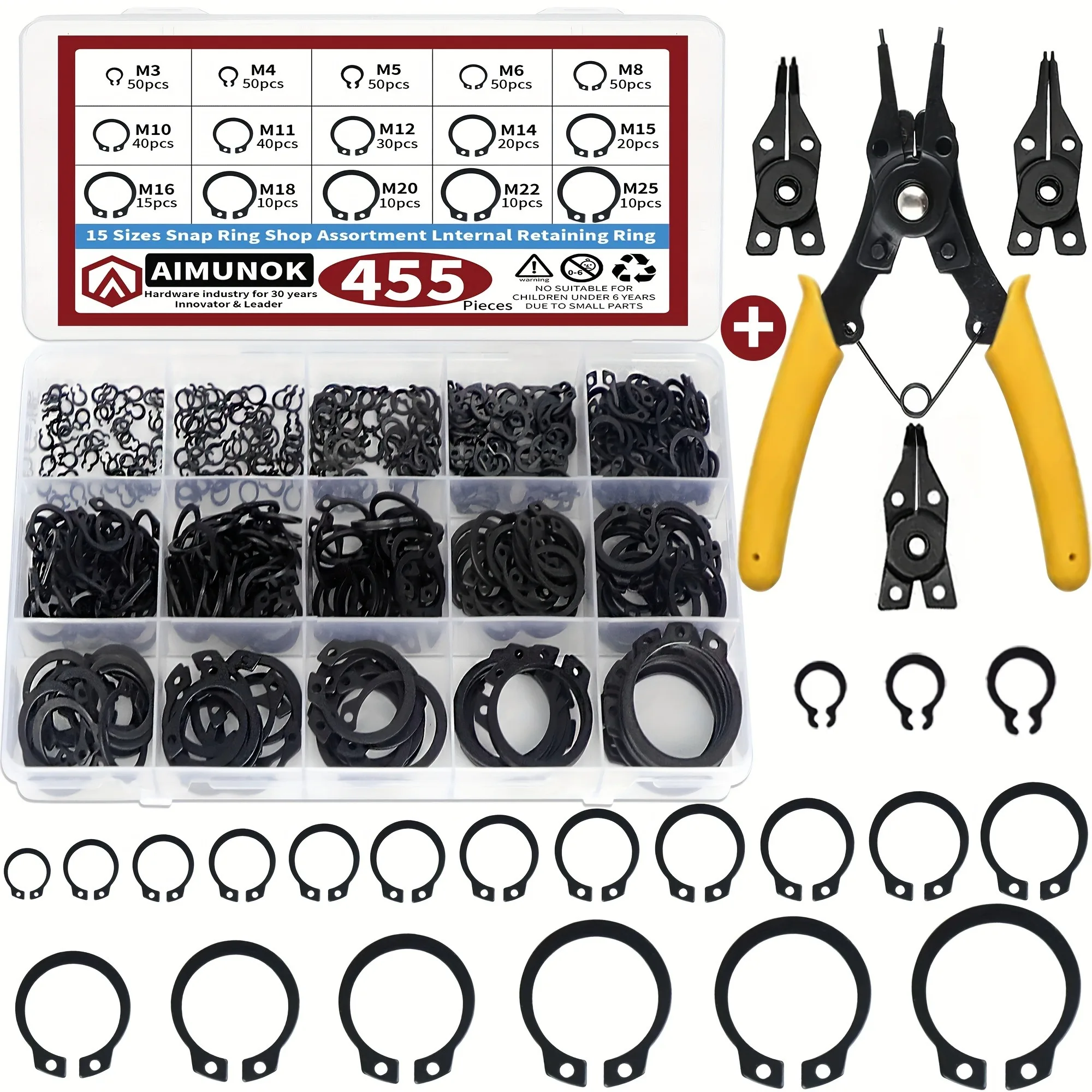 455 pièces : anneaux de retenue et pinces à anneaux de retenue, 15 tailles, 3 à 25 mm, anneaux de retenue internes et externes en acier allié, kit d’assortiment d’anneaux de retenue.