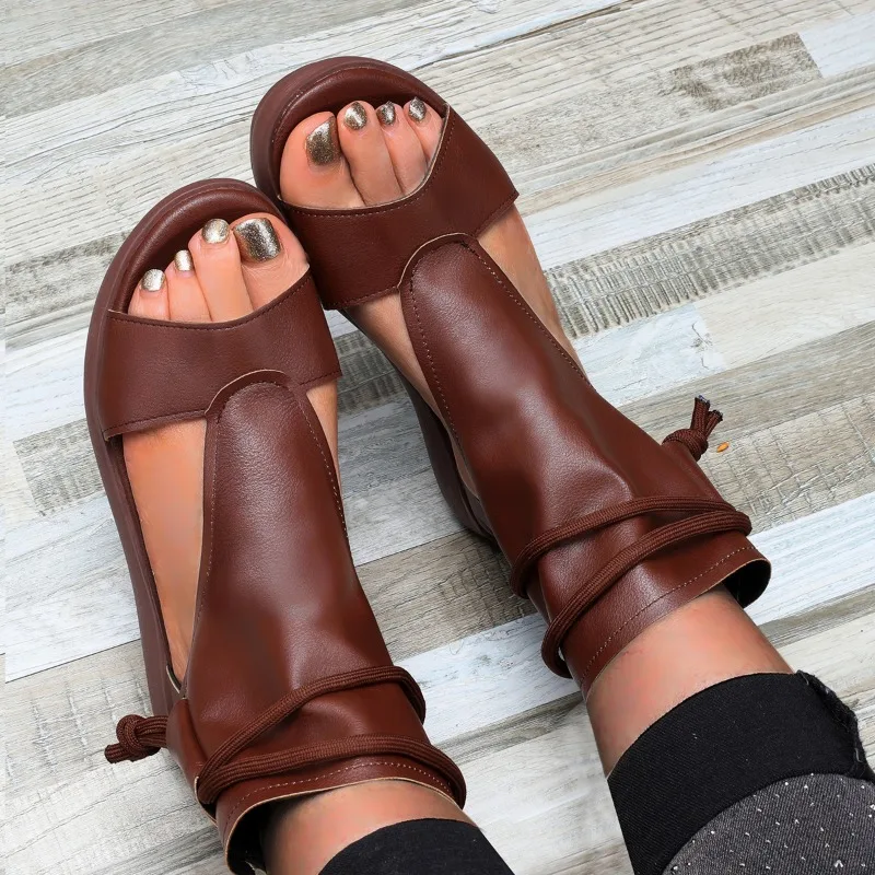 2024 Fashion Women Sandals New Retro Soft PU Leather Ladies Cool Boots Summer Fish Mouth Sandals Wedges Mid Heels Shoe Sandalias