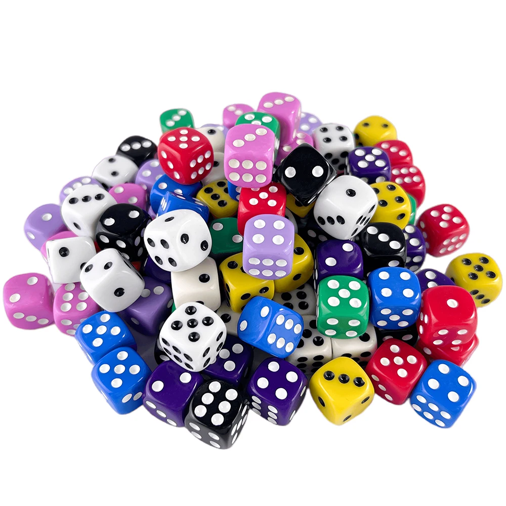 Dados de cores sólidas para jogos de tabuleiro, 16mm, 6 lados coloridos, cantos arredondados, jogos, bebidas, 100pcs