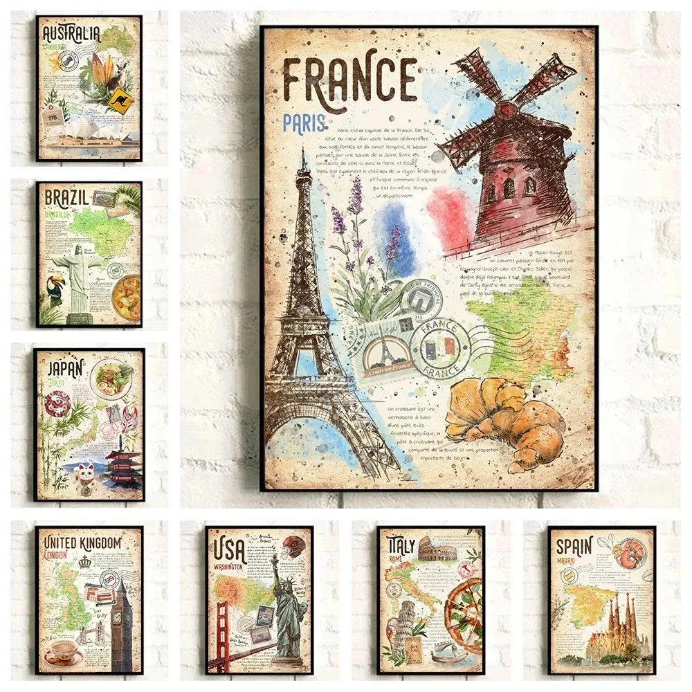 رسم كرتوني على الطراز القديم ، ملصق قماشي للسفر ، البرازيل ، فرنسا ، إيطاليا ، إسبانيا ، فن الطعام ، صورة معيشة ، ديكور حائط منزلي #1