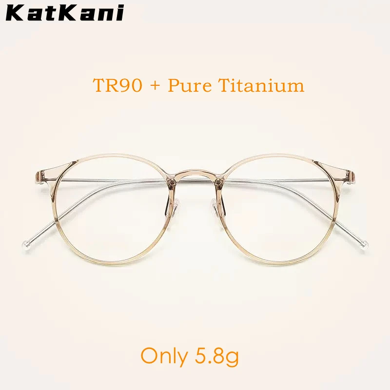 KatKani Fashion Ultra-light TR90 Transparent Eyewear Men Pure Titanium Retro Round Optical Prescription Glasses Frame Women 8062