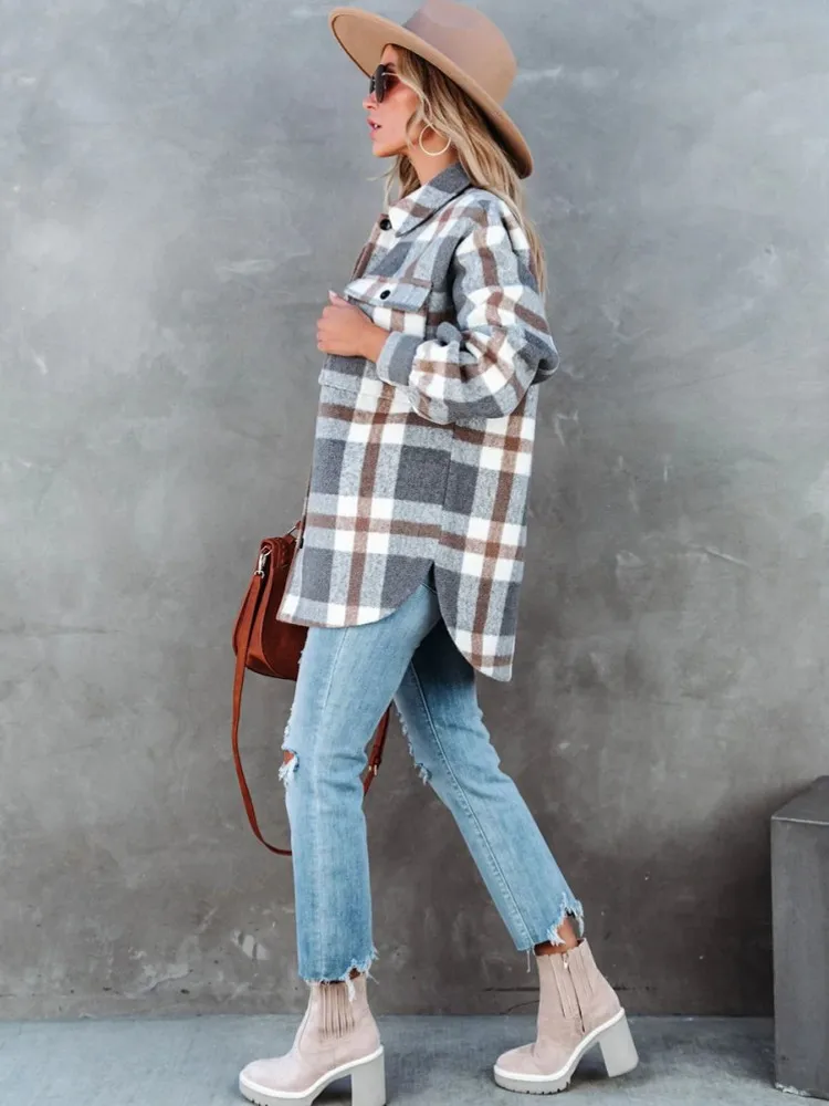 جديد Vintage المرأة المتضخم كم طويل منقوشة قميص بلوزة بلايز الخريف الشتاء زر أسفل فضفاض التلبيب جيب قميص الكورية نمط