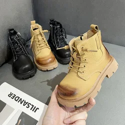 2024 Spring Autumn Ankle Boots Light Platform Shoes Handsome Boys Girls British Style Non-Slip Lacing Soft Short Leather Boots