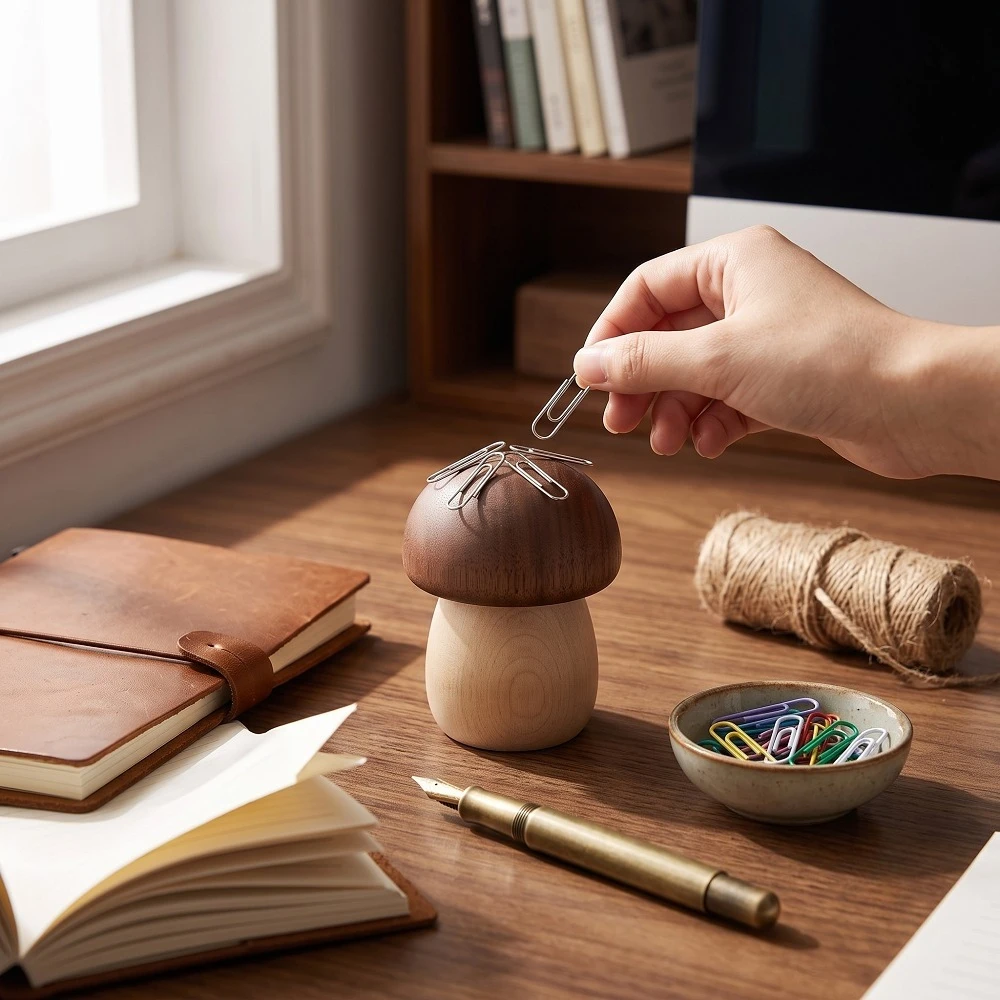 Cute Wooden Mushroom Paper Clip Holder Magnetic Office Desk Organizer Aesthetic Table Decor Novelty Natural Wood Stationery