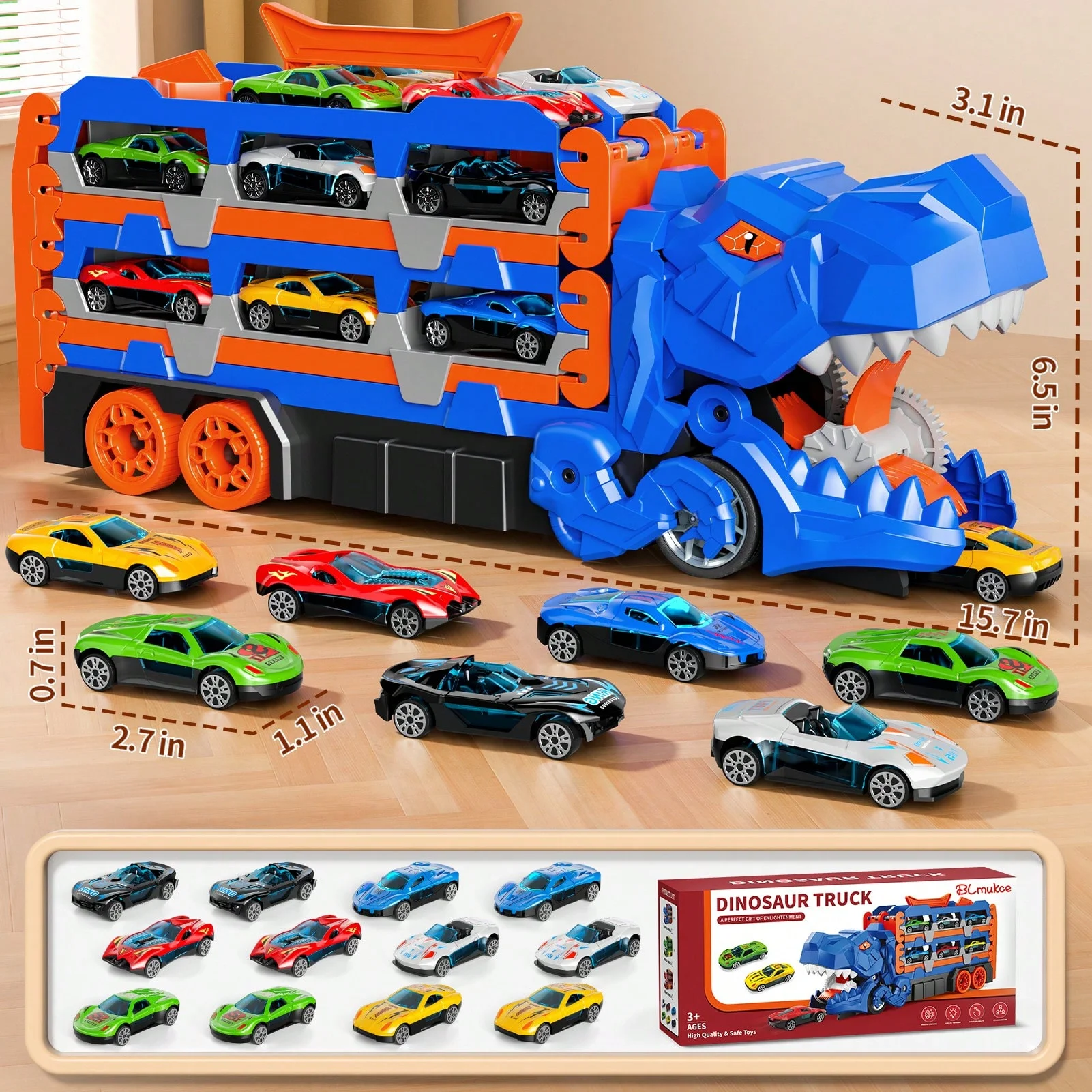 STEM Educational Toy: Dinosaur Truck & Track Set with 12 Alloy Cars | Super Long Raceway & Garage for Toddlers Boys Age 3-8 | De