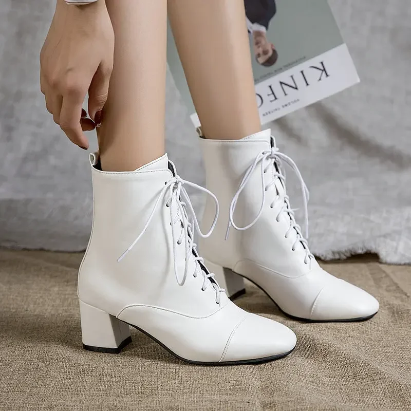 Autumn Winter New Ankle Boots Women Sewing PU 5.5CM Square Toe Lace Up Velvet Office Career Lady Concise Women Shoes Black