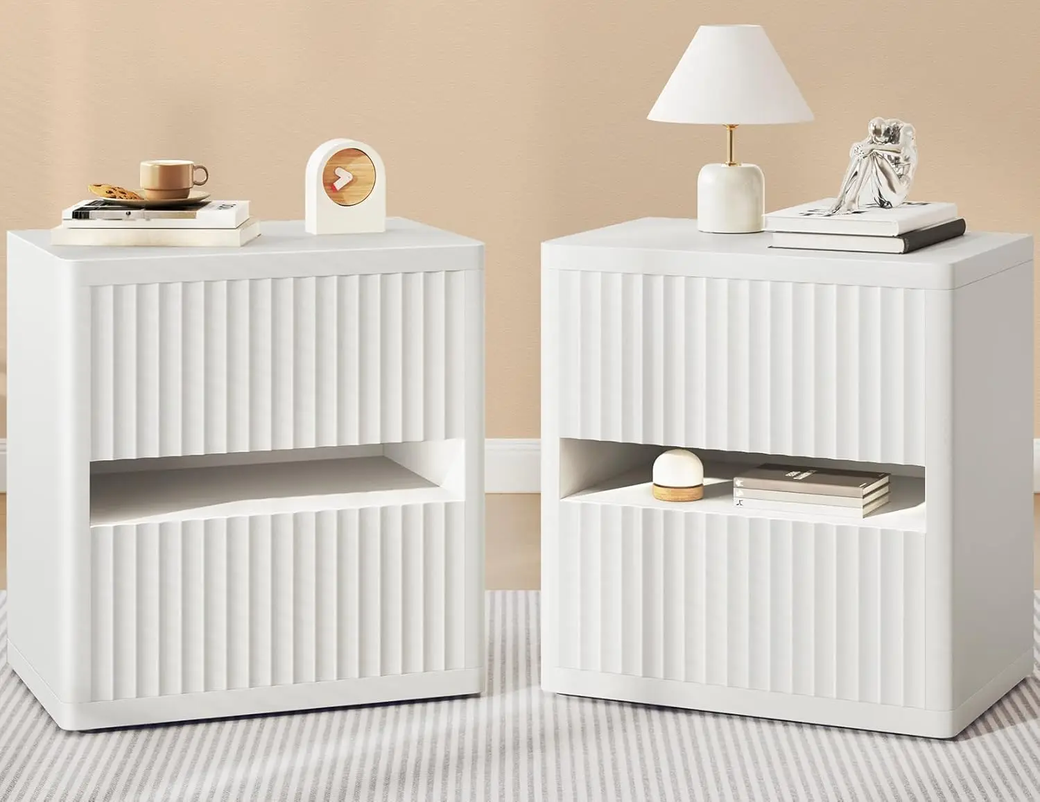 Mesa de noche estriada Dripex con 2 cajones, mesita de noche grande y ancha de madera para dormitorio, moderna de mediados de siglo