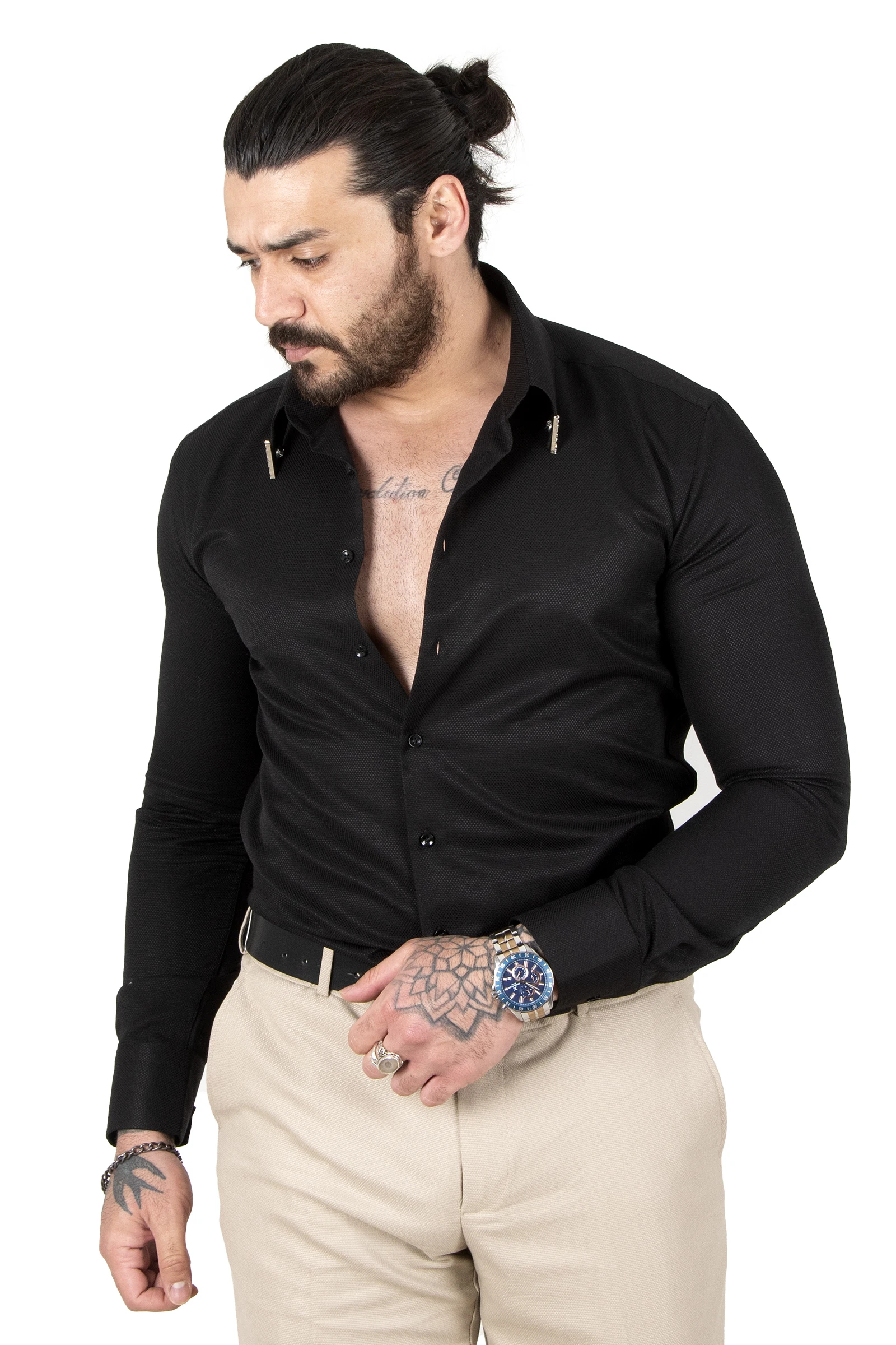 Patterned Narrow Men's Shirt with Patterned Collar Metal Accessory 2309785