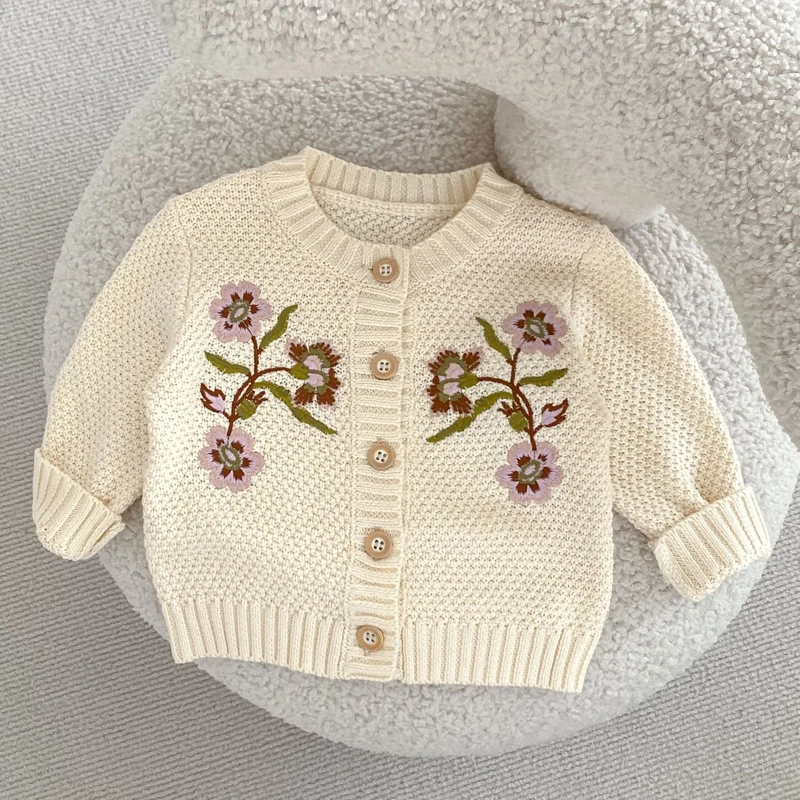 New autumn baby clothing, 0-3 year old girls, large flower embroidered cardigan, versatile all cotton long sleeved cardigan jack