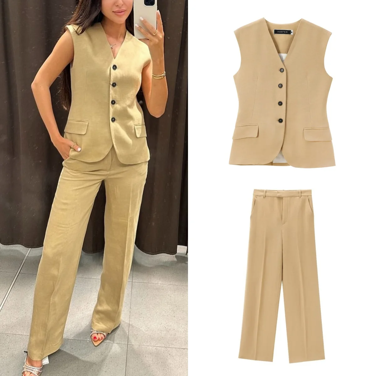 TRAF Women's Linen Vest Wide Leg Pants Set Long Suit Vest V-Neck Sleeveless Slim Fit Top Elegant Straight Pants 2-Piece Set 2024