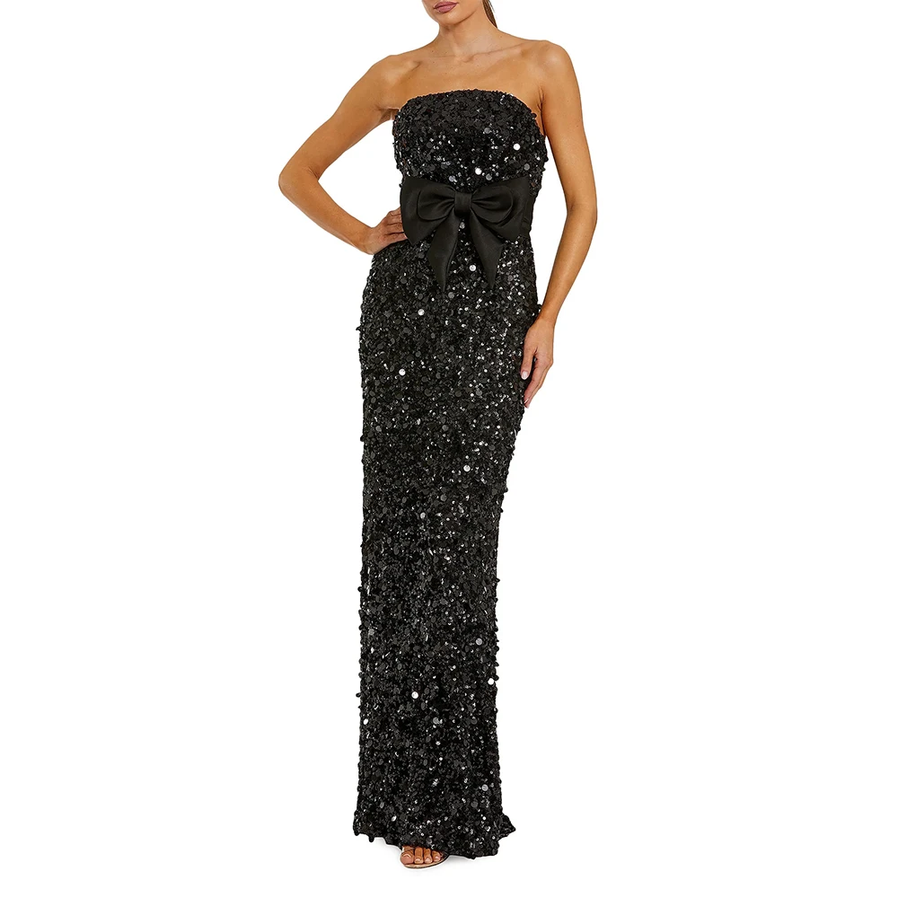 

Arya Classic Black Evening Dresses Sequin for Floor-Length Strapless Sleeveless Prom Dress Bow Vestidos De Fiesta Customized