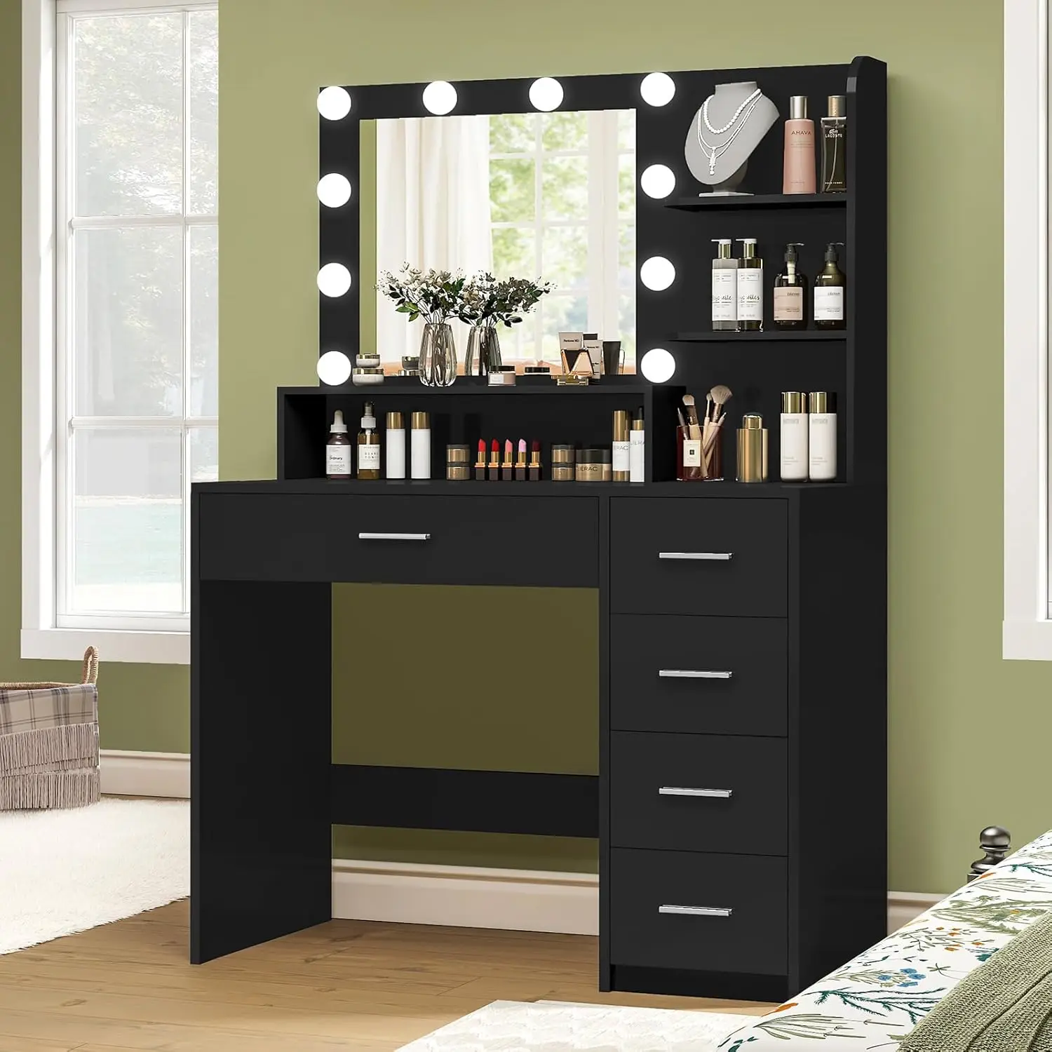 Vanity Desk with Mirror & Lights Vanity Desk with 5 Drawers & Storage Shelves Vanity Table 3 Color Modes & Adjustable Brightness