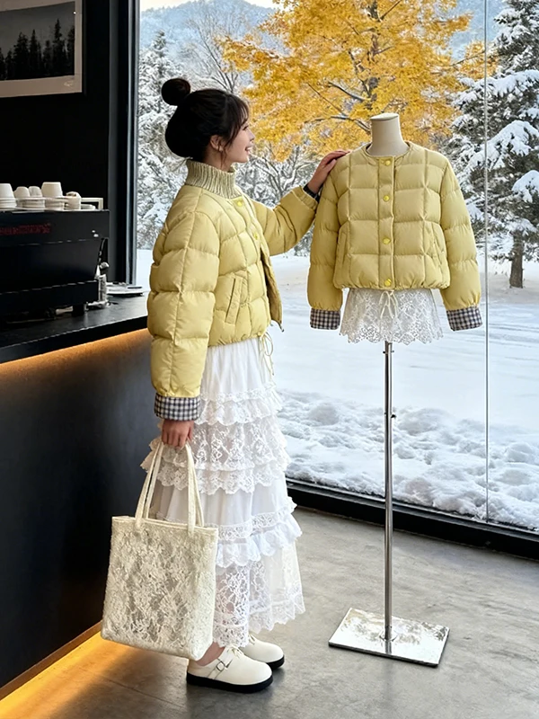 

Korean Sle ort Bread Jaet Women's Winter Loose Slim round Ne Warm Cotton Coat Yellow Dopne Sle Cact Size