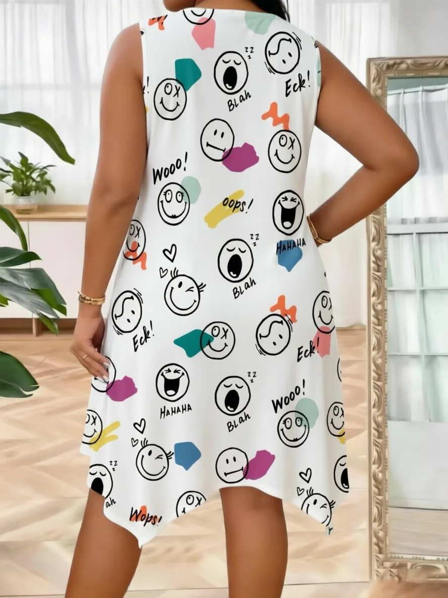 

Plus Size Women Summer Dress Smiley Face Print Sleeveless Camisole Dress Casual Loose Irregular Hem Tank Dress White