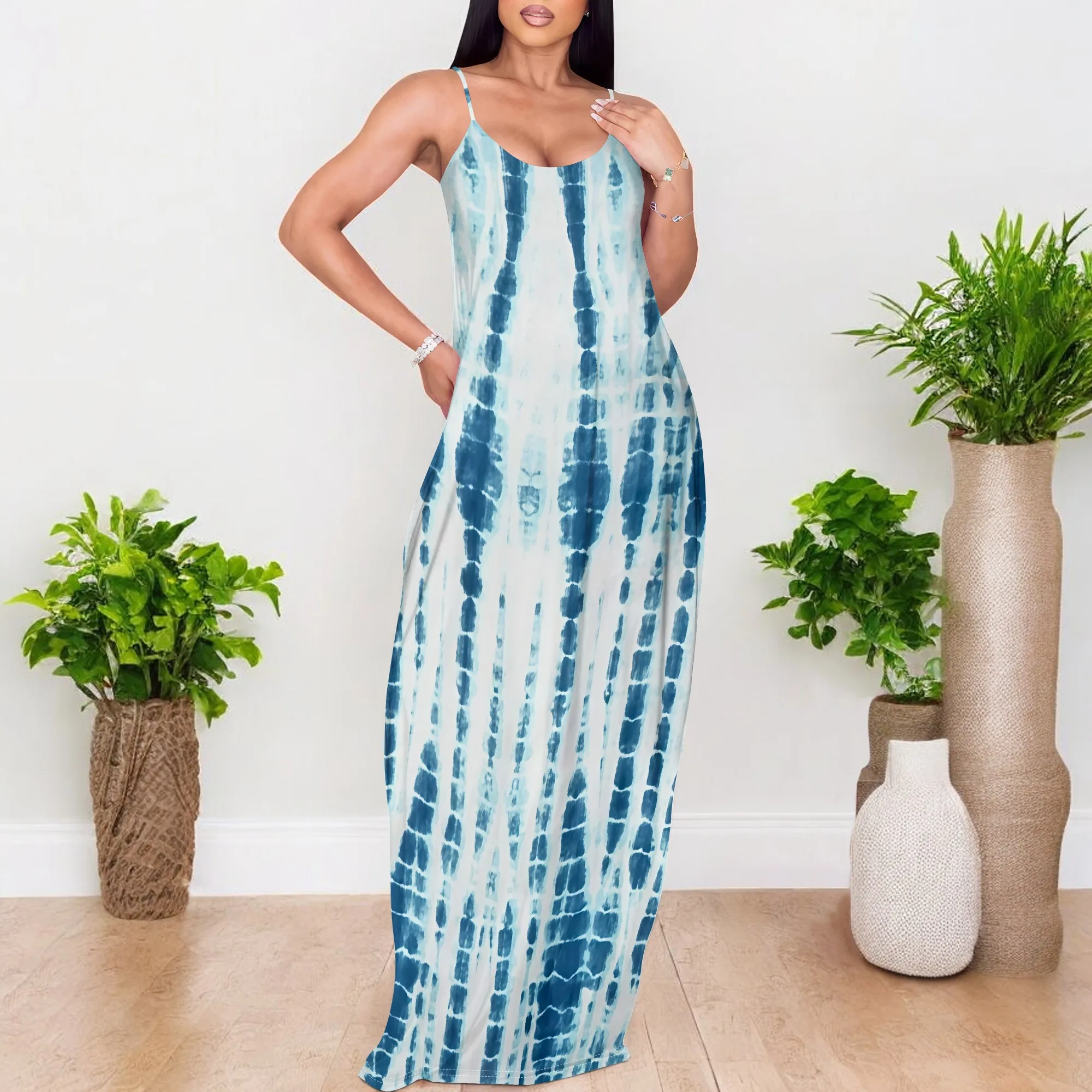 

Blue Tie Dye Print Maxi Dress S‑3XL Spaghetti Strap Loose Fit Summer Style for Beach Vacation, Boho Festival or Poolside Look