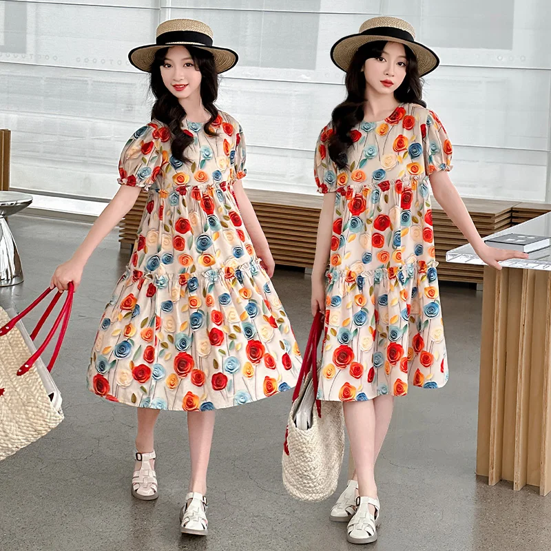 

Children Summer Cute Dresses Girls Floral Print Casual Short Sleeves Dress Kids Puff Sleeve Clothing 2025 New