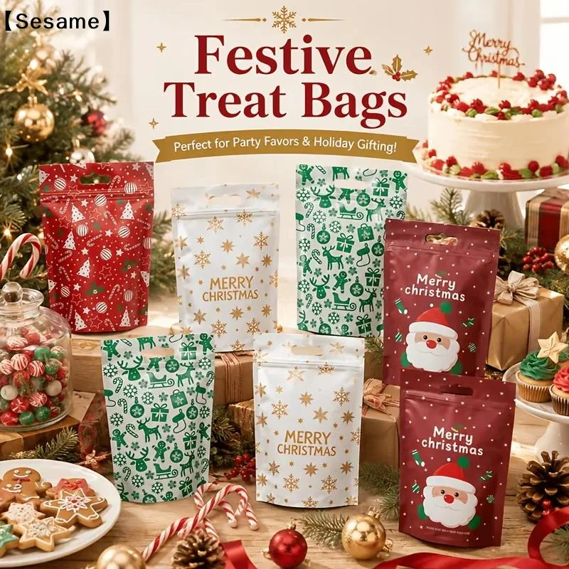 50Pcs Resealable Christmas Zip Lock Bags 50PCS Clear Christmas Plastic Sealing Bags With Handles For Xmas Holiday Party Candy