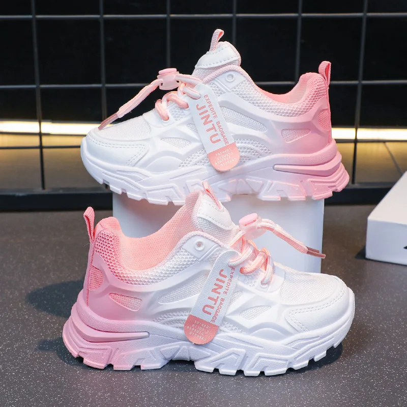 Spring Autumn Boys Girls Gradient Color Dad Shoes Kids Thick-soled Soft Running Shoes Children Campus Student Sports Casual Shoe