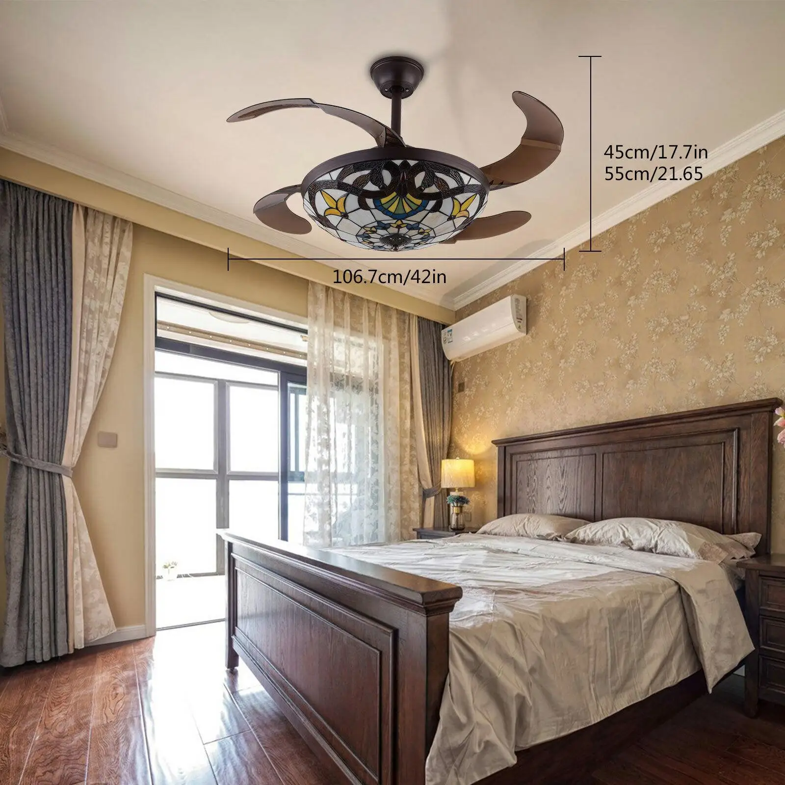 42 Inch Tiffany Style Invisible Ceiling Fan Light Classic LED Chandelier with Remote Control 3 color Light