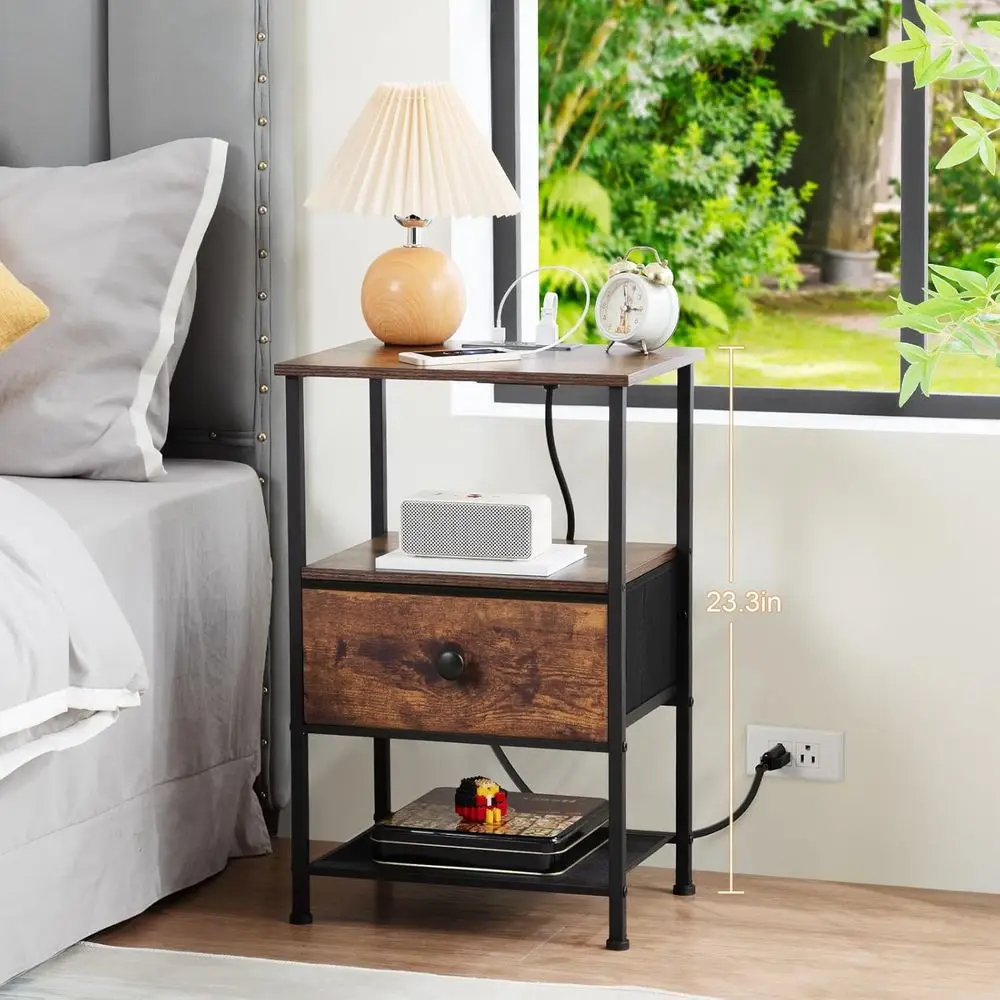 Rustic Brown Charging Nightstand, Storage End Table for Small Spaces, Fabric Drawer Side Table for Bedroom Living Room HETS010PB