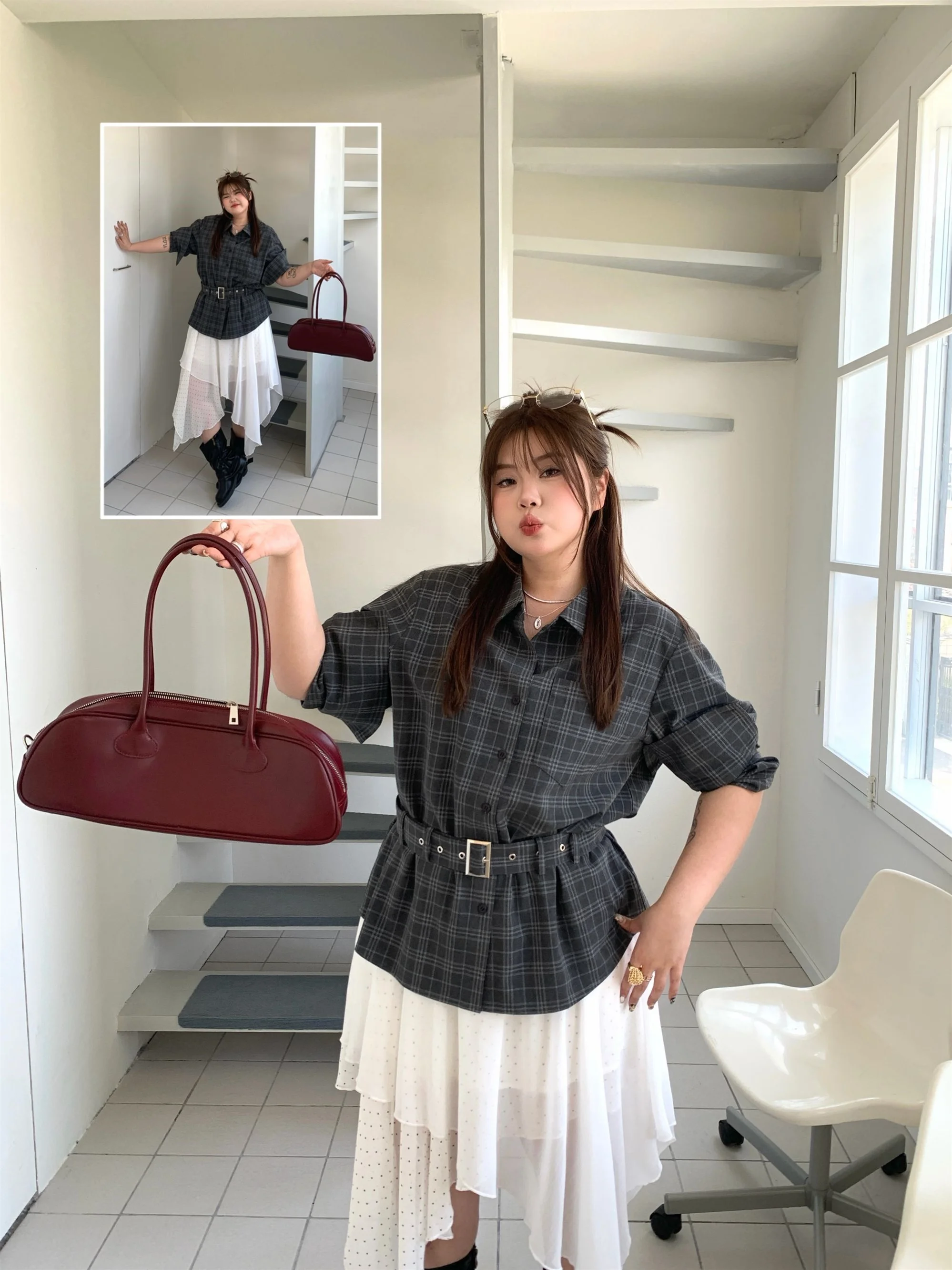 

Spring New NailooStudio Monologue Plaid Shirt Chiffon Short Halves Skirt Set plus Size City Monologue Polyester Spandex