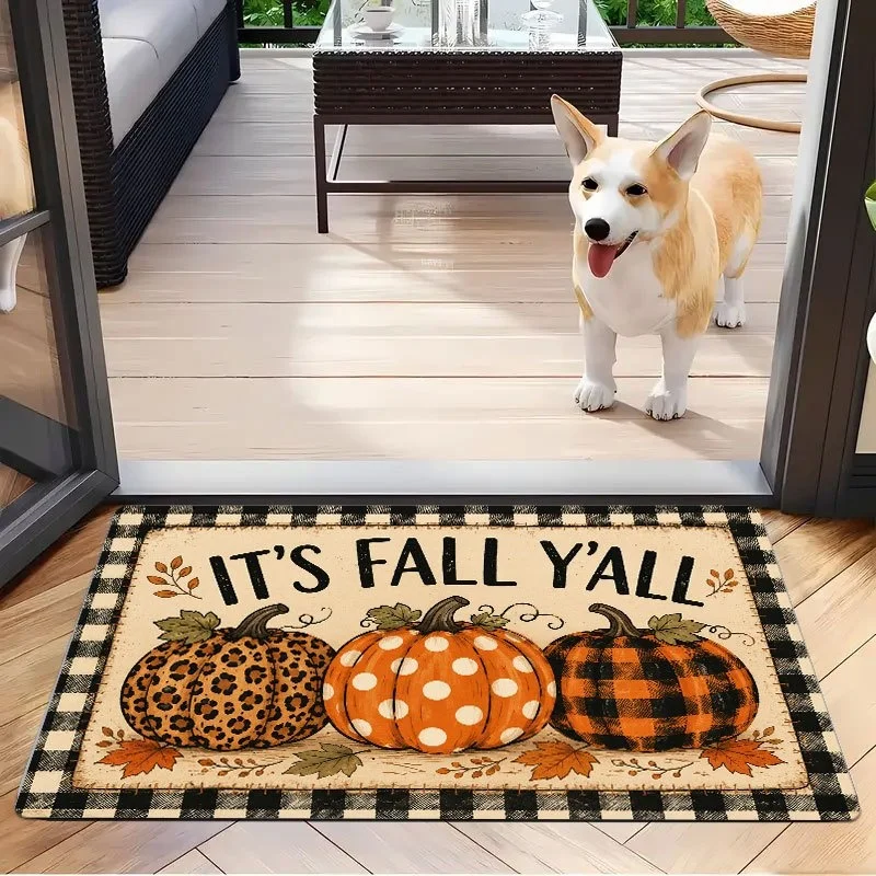 It's Fall Y'all Doormat, Buffalo Plaid Leopard Pumpkin Maple Leaf Print Entry Mat, Autumn Porch Decor