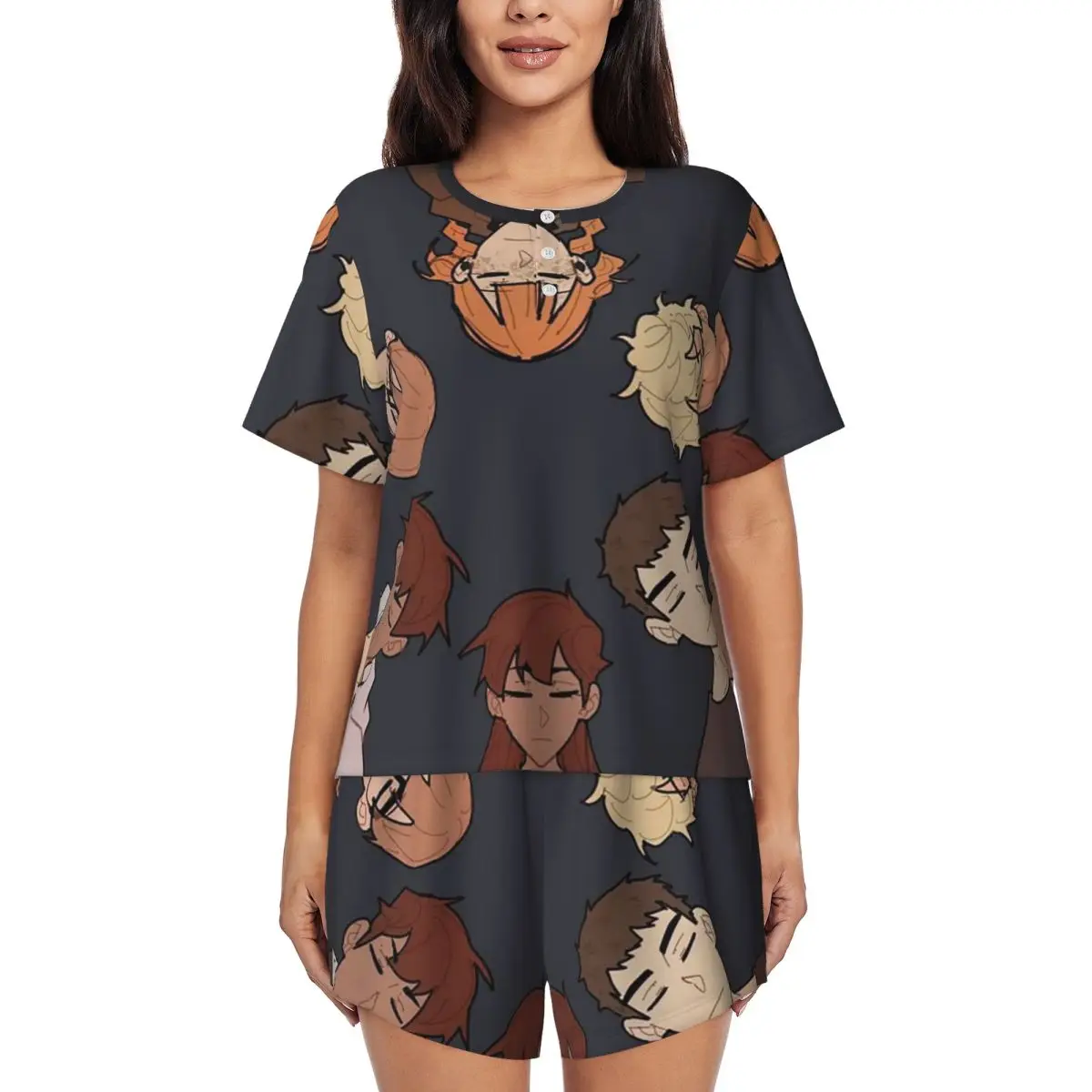 

School Bus Graveyard Round Neck Short Sleeves Nightdress for Sleeping Sleepshirts Women Loose Pajama Set Short Pants