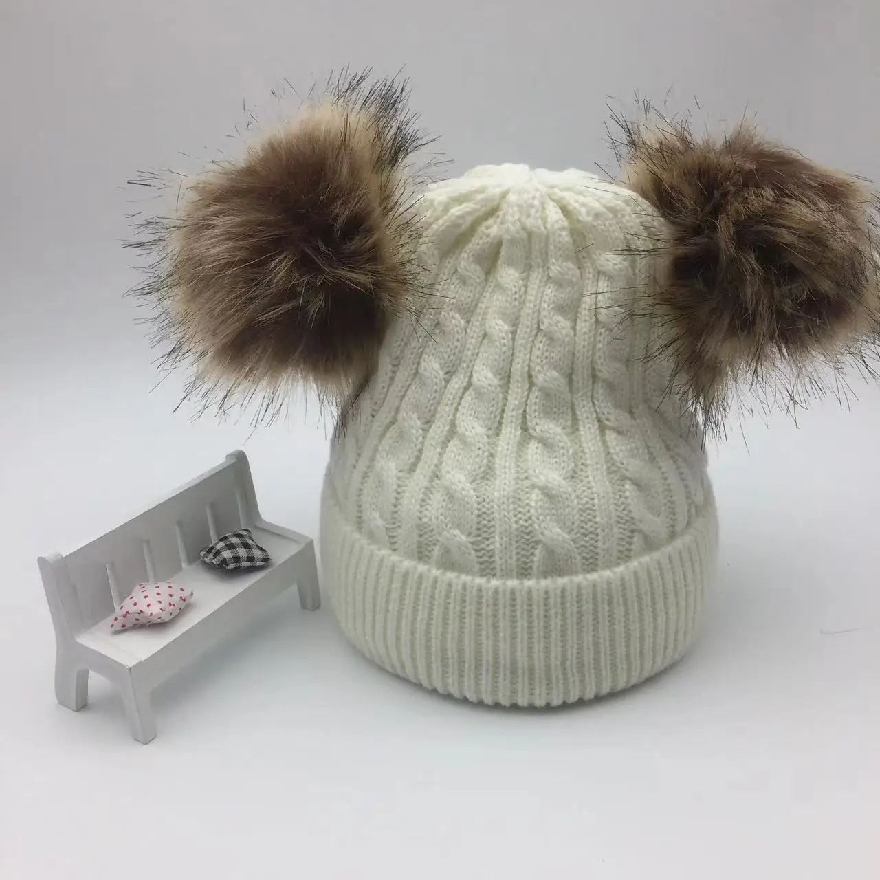 Winter Kids Knit Fur Double Pompom Hat For Girls Crochet Real Hair Baby Cap Scarf Children Beanie Bonnet