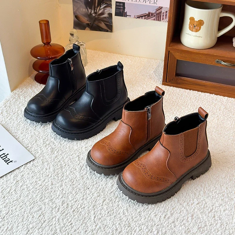 Mumoresip Kids Short Boots Side Zipper Girls Leather Boots British Style Round Toes 2026 Brand New Children Casual Boots Soft