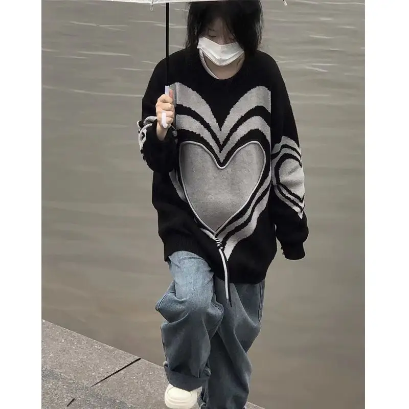 O Neck Heart Print Gray Black Women Sueter Mujer Streetwear Knitted Oversize Y2k Pullover Sweaters American Vintage High Street