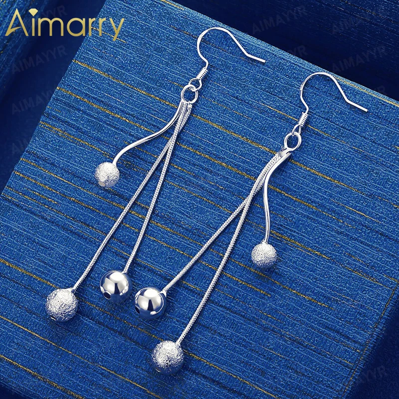 925 Sterling Silver Tassel Frosted Smooth Round Bead Earrings for Women's Parties Banquets Weddings High-quality Fashion Jewelry