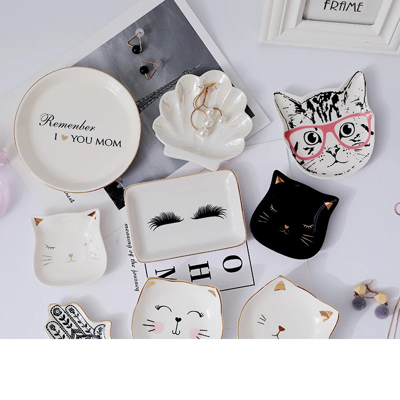 

Creative Ceramic Jewelry Dish Trinket Dish Small Jewelry Tray Decorative Plate Cat Shell Eyelashes Hand Plates Decoration Crafts