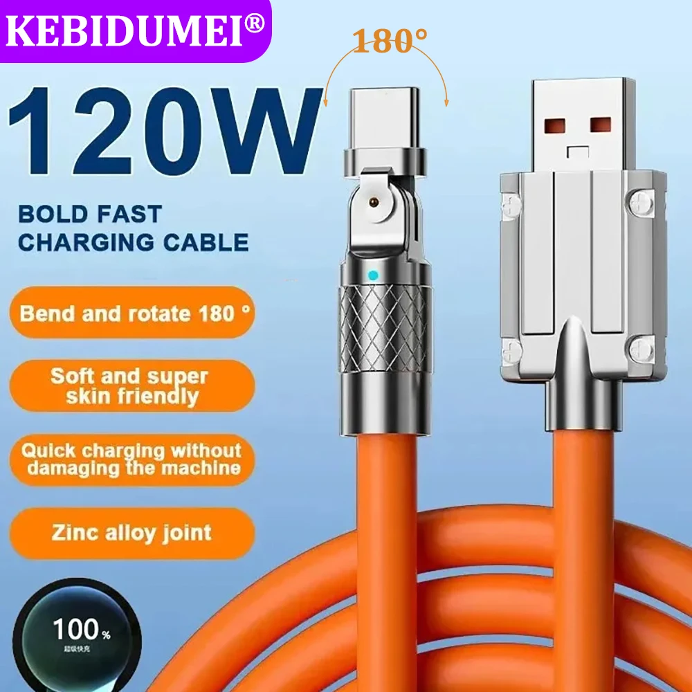 120W 6A Fast Charge USB Type C Cable 180 Degree Rotation Elbow Cable Charging Data Cord for Game for Xiaomi Redmi Honor Phone